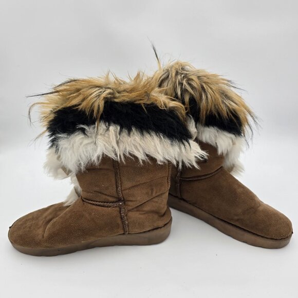 Brown Suede Faux Fur Lined Winter Boots With Multicolor Fur Trim - Picture 2 of 8